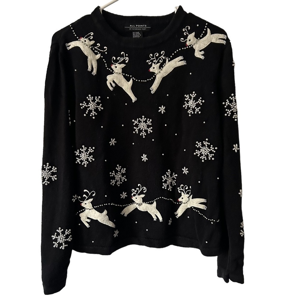 Vintage Embellished Beaded Crochet Knit Kitschy Christmas Sweater Black Medium